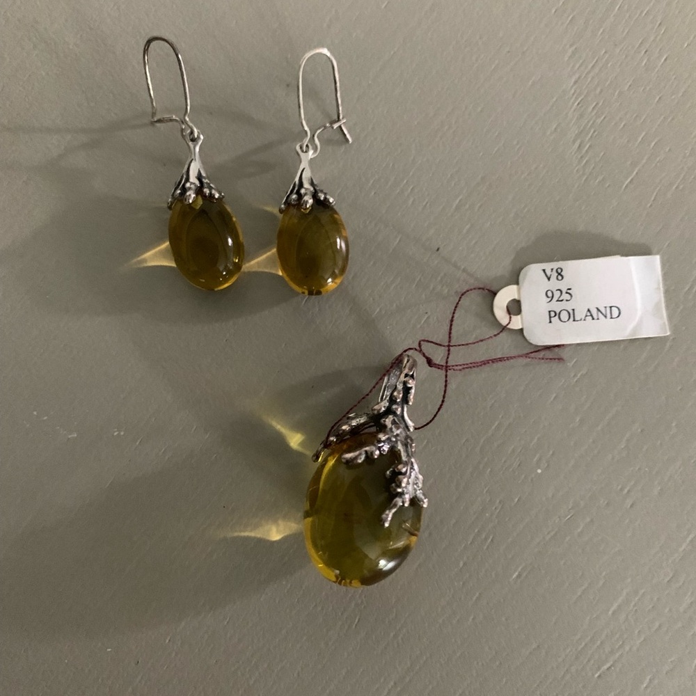 NEW Amber & Sterling Silver Drop Pendant Necklace & Earrings Set Filigree